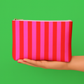 Cute Pouch + Cosmetic Bag | Leather Pink & Red Stripe