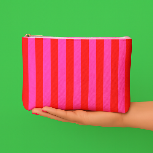 Cute Pouch + Cosmetic Bag | Leather Pink & Red Stripe